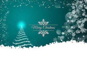 Merry Christmas greeting with glowing tree and snowflakes on a teal winter background vector