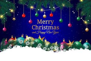 Merry Christmas and Happy New Year Card with Colorful Ornaments and Pine Branches on Blue Backgroud vector