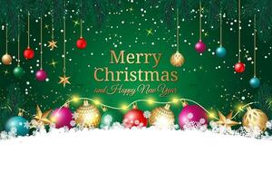 Christmas greeting card with colorful ornaments, pine tree branches, snowflakes, and festive lights on a green background. Holiday theme design. vector