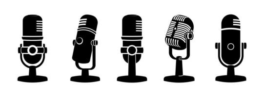 Set of microphone web icon . Flat retro music, studio and radio mic sign collection. Black silhouette design, art image illustration, isolated on white background. vector