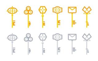 Set of golden and silver keys representing different concepts in a modern style vector