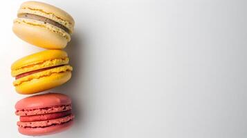 A light horizontal background with colorful macaroons arranged on the side, creating a bright and playful composition, perfect for dessert-themed visuals. photo
