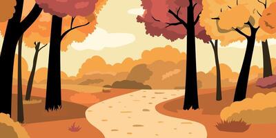 Autumn forest landscape with path. Sunny day in forest Fall valley environment scene with tree, shrub, grass and road. vector