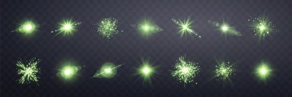 Green lens flares set. Sun flash with rays or spotlight and bokeh. Glow flare light effect. vector