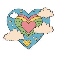 Vibrant heart illustration with colorful patterns and clouds in a cartoon style vector