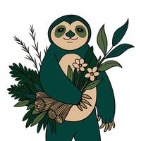 Cute sloth with bouquet of flowers and leaves in hand drawn style vector
