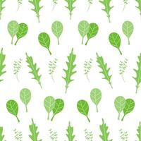 Seamless pattern of fresh greens, rucola, spinach, maoran. Illustration on white background. Proper nutrition and healthy lifestyle. vector
