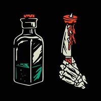 A bottle with a skeleton hand and a knife vector