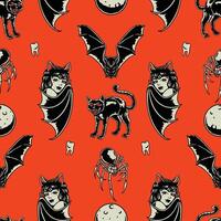 A pattern with bats, bats, and bats on an orange background vector