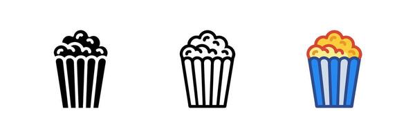 Popcorn icon set in flat design style, perfect for cinema, movie, and entertainment-related projects. Simple and modern illustrations for apps, websites, and promotional materials. vector
