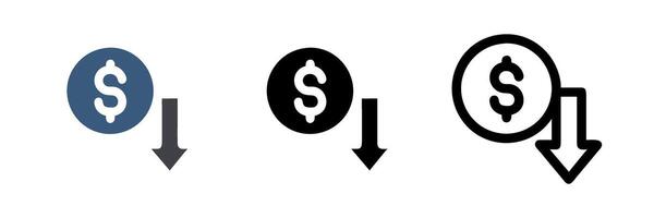 Dollar with arrow down icon representing rate decrease, price drop, or declining value in finance. Perfect for business, economics, and stock market-related designs. Simple, clear, and modern sign. vector