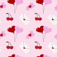 Cute seamless pattern for Valentine's day with balloons, envelope and cherry. The illustration is hand drawn. vector