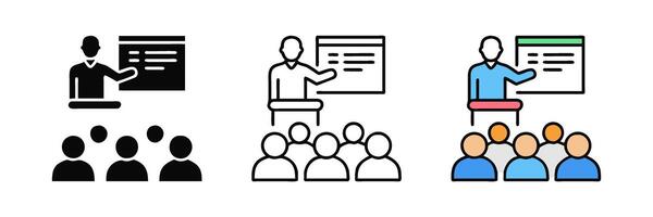 Lecture icons depicting a speaker presenting to an audience, symbolizing education, seminars, and public speaking. Simple illustrations perfect for educational projects and event promotions. vector