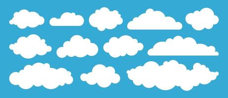 Cartoon cloud set. Fluffy white cumulus clouds collection isolated on blue sky background. Flat simple illustration of cloudscape elements for banner design, flyers, cover, websites. Cloudy day vector