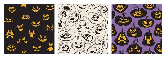 Halloween spooky pumpkin face seamless pattern set. Jack O Lantern glowing faces and outline pumpkin backgrounds. Happy Halloween backdrop for wrapping paper, card, banner, textile, decoration. vector