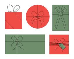 Abstract Christmas gift box set. Simple, circle, rectangle, and square gift boxes wrapped in red and green paper and tied with ribbons. Geometric Christmas or Birthday presents. Illustration. vector