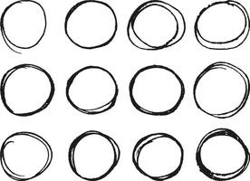 Circle line chalk hand drawn brush set. Grunge round spiral, element scribble line brush hand drawn sketch design. Grunge abstract chalk, crayon pencil style on transparent background. vector