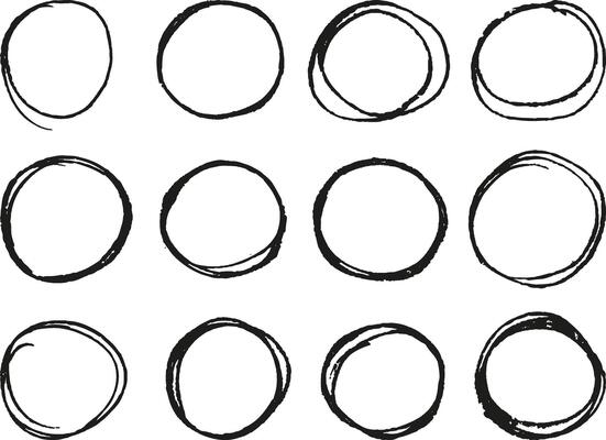 Circle line chalk hand drawn brush set. Grunge round spiral, element scribble line brush hand drawn sketch design. Grunge abstract chalk, crayon pencil style on transparent background.