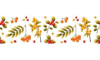Seamless border with bright multi-colored autumn leaves and berries. Maple, oak, birch, rowan, sea buckthorn, lingonberry, cranberry. Seamless pattern on a white background for autumn designs, textile vector