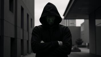 A Matrixinspired digital illustration showcases a hooded hackers silhouette with patterned detailing photo