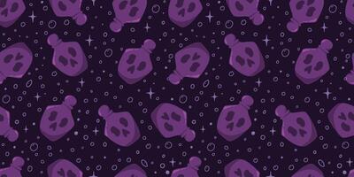 Potion bottle with skull and bubbles seamless pattern illustration. Magic Halloween background. Witchcraft poison jar repeated ornament. Holiday design for textile, fabric, cover, packaging, wrapper vector