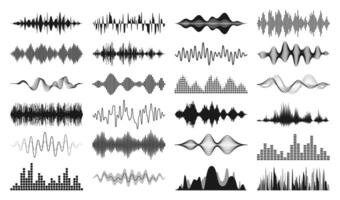Set of black and white audio visualizations on a white background. illustration of various sound waves and equalizer bars for music production, sound engineering, audio and multimedia design vector