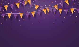 Festive banner with garland strings of triangular flags in orange and purple colors with confetti scattered across the dark background. illustration for invitation, greeting cards, party poster vector