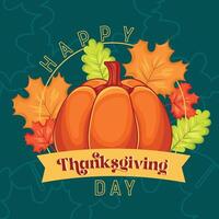 Thanksgiving Day pumpkin with autumn leaves on green background, vector
