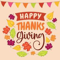 Happy Thanksgiving banner with colorful autumn leaves and text, vector