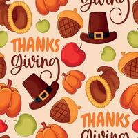 Thanksgiving pattern with pumpkins, pilgrim hats, and apples, vector