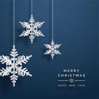 Christmas and New Year greeting card with hanging white snowflakes on a dark blue background vector