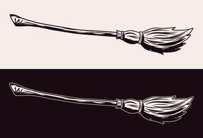Traditional old fashioned broom made from twigs with a long wooden handle. Flying broomstick for witch. Halloween accessory object in vintage style. Monochrome illustration. vector