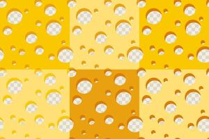 Seamless patterns with cheese square slices, transparent holes. Cheese texture as design element for backgrounds. Flat simple style vector