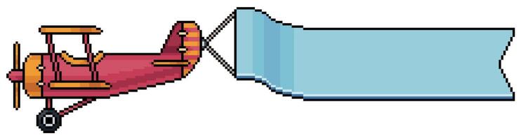 Pixel art biplane pulling a blank banner, icon of airplane with advertising banner for 8 bit game on white background vector
