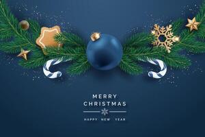 Christmas and New Year greeting card with blue and gold decorations, fir branches, candy canes, and ornaments vector