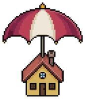Pixel art house with umbrella, home insurance concept icon for 8bit game on white background vector