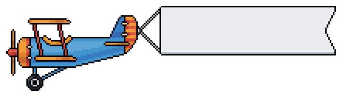 Pixel art blue biplane pulling a blank banner, icon of airplane with advertising banner for 8 bit game on white background vector