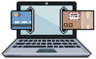 Pixel art laptop with a credit card and a delivery package, online shopping with laptop icon for 8bit game on white background vector