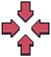 Pixel art four red arrows pointing to the center, red arrows button icon for 8bit game on white background vector