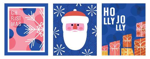 Set of postcards. Christmas and New Year. Frame and shape. Elements and figures. Neo geometric. Modern trendy minimalistic design. Hand drawn and doodle. Xmas. Cut out. Simple style. Santa Claus. Flat vector
