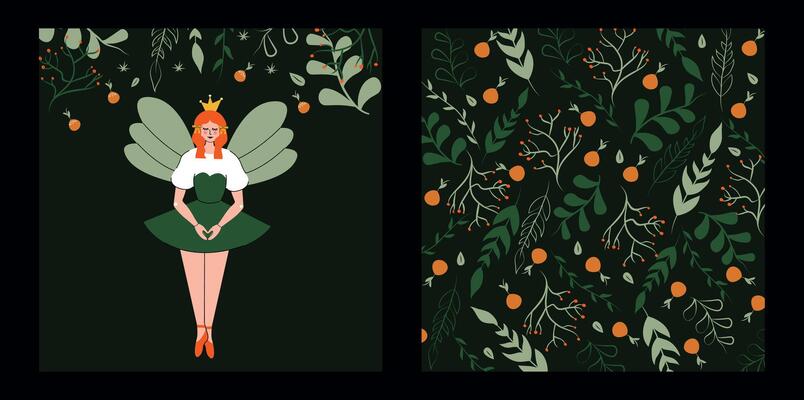 Set of posters for Christmas and New Year. Elf and doll. Trendy stylish retro vintage ornament. Element and shapes. Frame and border. Flowers, leaves, berries and plants. . Hand drawn. Doodle. Bokeh