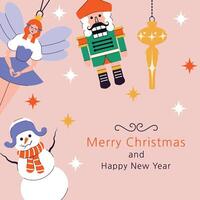 Postcard for Christmas and New Year. December 25th. Frame and border. Trendy minimalist style. Retro. Nutcracker, fairy, pine cone. Elements and shapes. Flat style. Characters. Holiday. Boho. vector