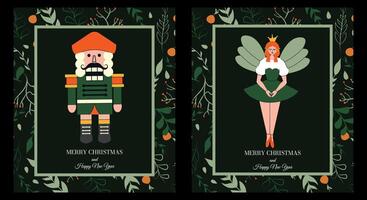 Set of posters for Christmas and New Year. Elf and nutcracker. Collection. Trendy retro vintage ornament. Elements and shapes. Frame and border. Flowers, leaves, berries. Hand drawn. Doodle. Bokeh vector