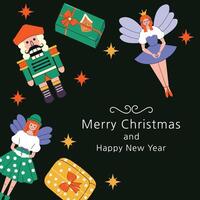 Postcard for Christmas and New Year. Frame and border. Trendy minimalist style. Bokeh. Snowflake. Wrapping paper. Sparkles hand drawn. Doodle Retro. Simple elements and shapes. Flat style. Characters. vector