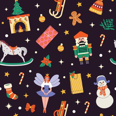 Seamless pattern for wrapping gift. New Year and Christmas. Elements, shapes. Paper. Fireplace, snowman, gifts, fairy, Christmas tree, sleigh. Hand drawn. Doodle. Xmas. Wallpaper texture. December 25