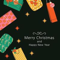 Postcard for Christmas and New Year. Frame and border. Trendy minimalist style. Retro. Gifts, decoration. Simple elements and shapes. Flat style. Characters. Holiday. Boho. Snowflakes. Wrapping paper vector
