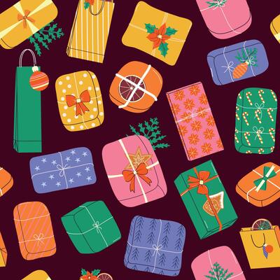 Seamless pattern for wrapping gift. New Year and Christmas. Elements, shapes. Paper. Retro trendy style. Hand drawn. Doodle. Xmas. Wallpaper texture. Holiday. December 25th. Boho. Postcards, banner.