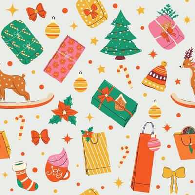 Seamless pattern for wrapping gifts. New Year and Christmas. Elements, shapes. Paper. Gifts, Christmas tree, socks, deer, clothes. Hand drawn. Doodle. Xmas. Wallpaper texture. December 25th.