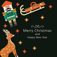 Postcard for Christmas and New Year. Frame and border. Retro. Gifts, nutcracker, deer. Simple elements, shapes. Flat style. Characters. Holiday. Bokeh. Snowflakes. Wrapping paper. Sparkles hand drawn vector