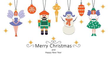 Postcard for Christmas and New Year. Christmas Eve. December 25th. Frame and border. Trendy minimalist style. Retro. Nutcracker, fairy, pine cone, hand drawn. Elements and shapes. Characters. Boho vector